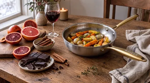 Winter citrus, red wine and chocolate beside a Kaizen pan of roasted vegetables