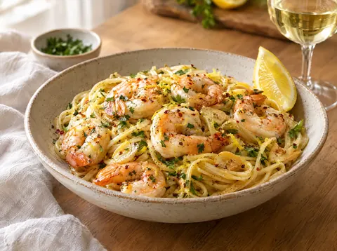 Shrimp scampi with linguine in a glossy garlic butter sauce with parsley and lemon