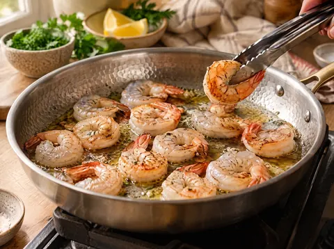 Shrimp searing in garlic butter in a Kaizen titanium pan