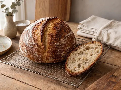 A crusty sourdough loaf on a wooden board beside folded linen