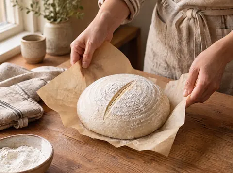 Scored sourdough dough resting on parchment before transfer to its baking vessel