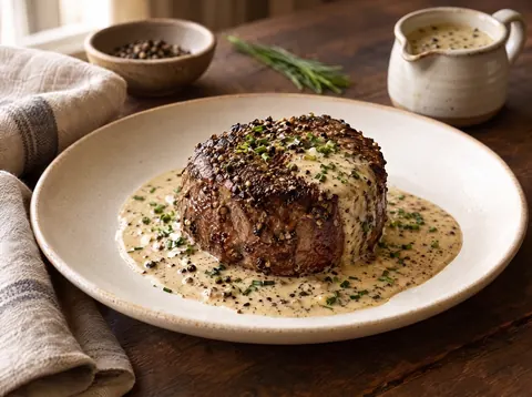 Steak au poivre plated with peppercorn sauce and a ceramic sauce jug nearby