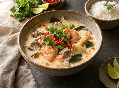 Thai coconut soup with shrimp, oyster mushrooms, cilantro and red chile in a ceramic bowl