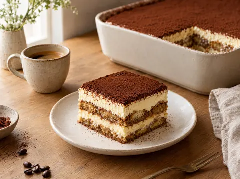 Square of tiramisu showing espresso soaked ladyfinger layers, mascarpone cream and cocoa on top