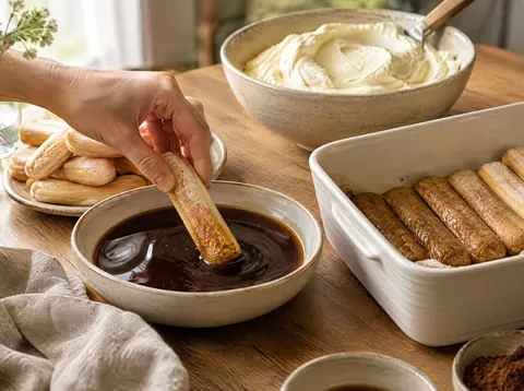 Hand dipping a ladyfinger into a shallow dish of espresso over a tiramisu dish