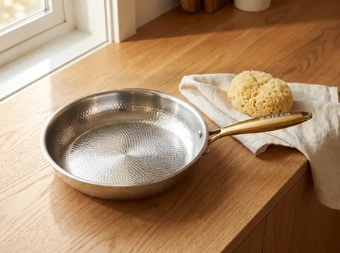 Kaizen titanium pan with gold handle on a clean oak counter beside a folded towel