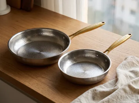 Two Kaizen pans with gold handles and patterned silver interiors on an oak counter