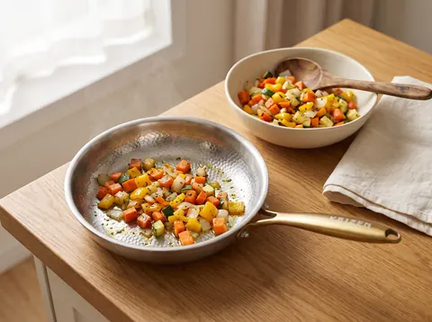 Kaizen pan of golden vegetables beside a ceramic serving bowl and wooden spoon