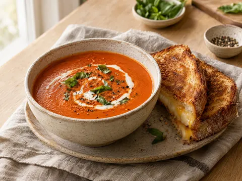 Bowl of creamy tomato basil soup with a swirl of cream and torn fresh basil leaves