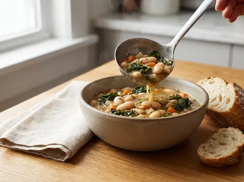 Tuscan white bean soup with kale being ladled into a ceramic bowl