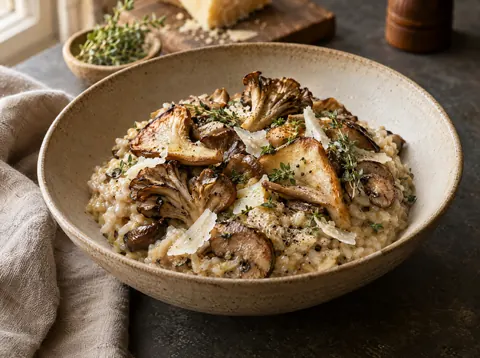 Bowl of wild mushroom risotto topped with golden seared oyster and cremini mushrooms, thyme and Parmesan
